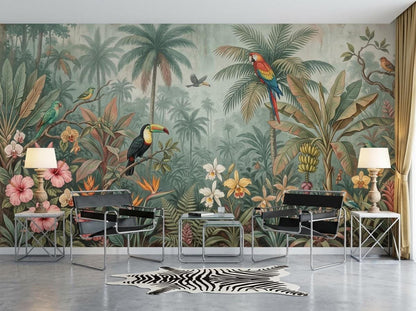 The vintage botanical jungle mural covers a wall in a room with two modern black-and-chrome chairs, a zebra-patterned rug, and two bedside tables with lamps.