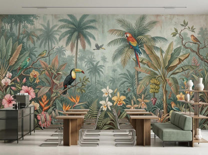 A commercial or cafe space displays wooden tables and a green banquette sofa against the expansive vintage botanical rainforest wall mural.