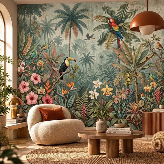 A tropical jungle wallpaper mural features toucans, parrots, palm trees, and pink hibiscus flowers, shown behind a cozy living room setup with a cream armchair and round coffee table.