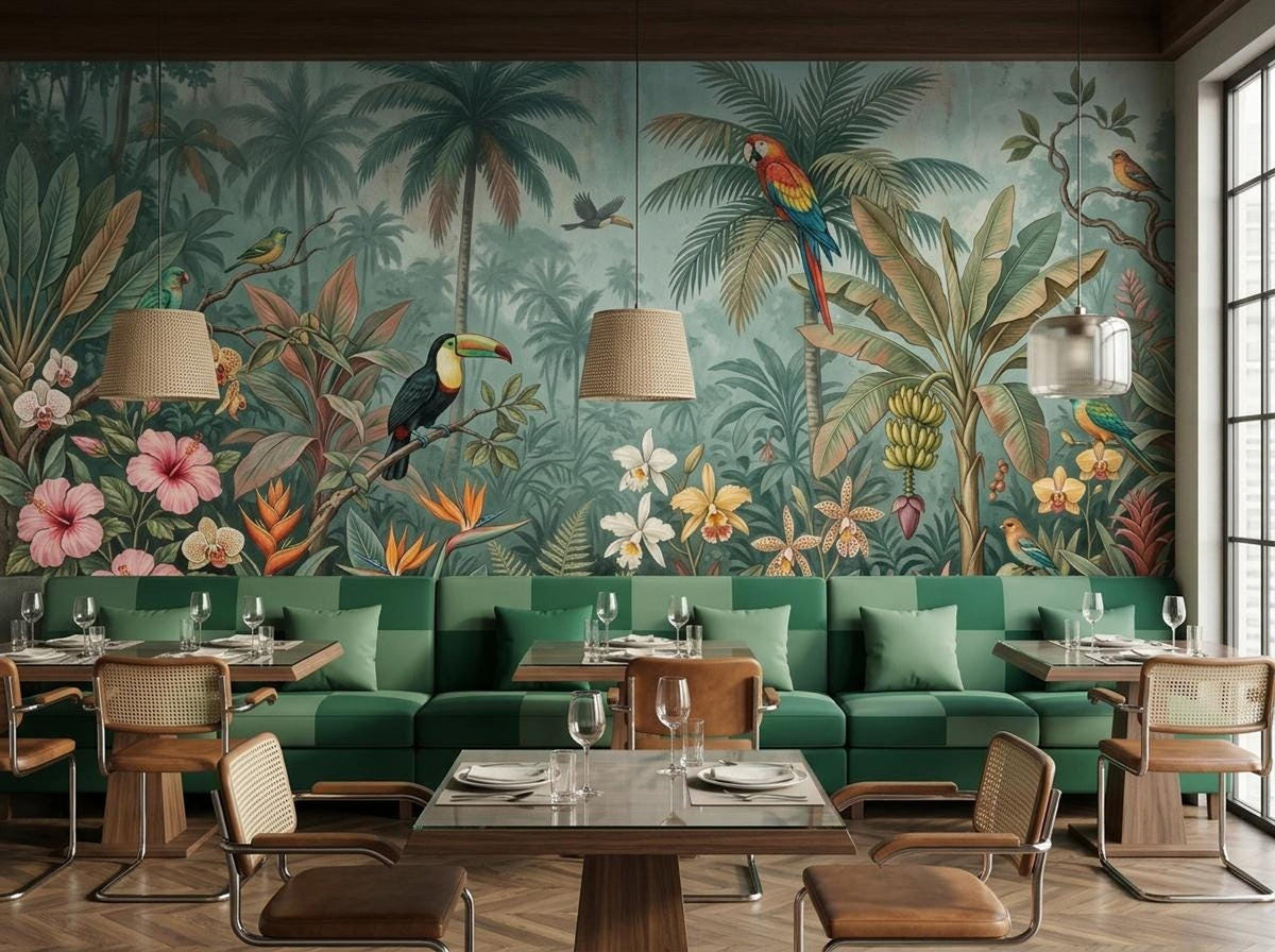 A restaurant interior features dining booths and wooden tables backed by the large tropical jungle wallpaper mural with vibrant parrots and toucans.