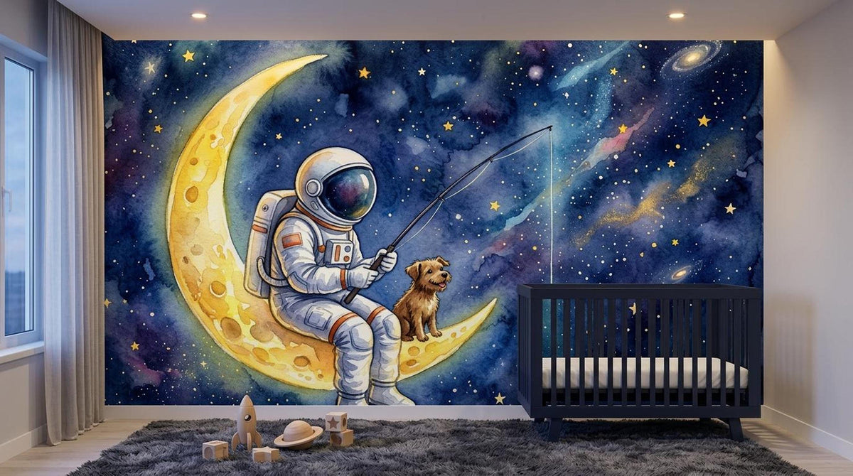 A nursery with a dark grey crib and a large watercolor wall mural showing an astronaut and a dog fishing on a crescent moon against a starry galaxy background.