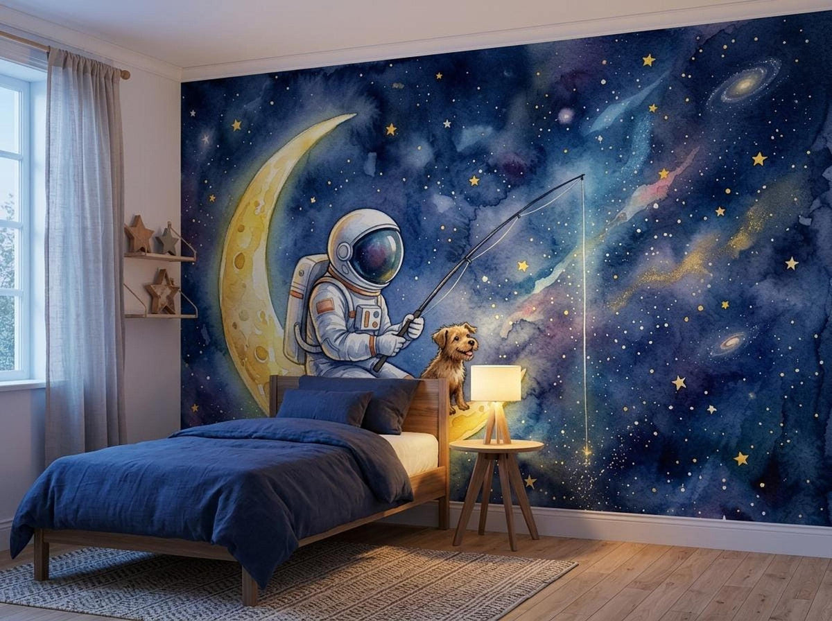 A child's bedroom features a watercolor wall mural of an astronaut and a dog fishing on the moon, alongside a single bed with a blue comforter and a nightstand.