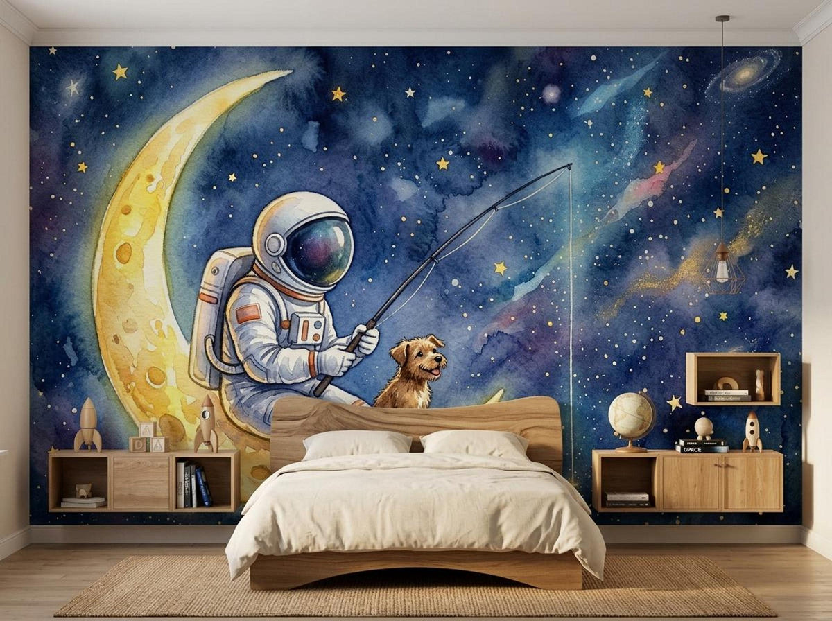 A bedroom features a watercolor mural of an astronaut and a dog fishing on a crescent moon, with a wooden bed, nightstands, and wall-mounted shelving against the celestial backdrop.