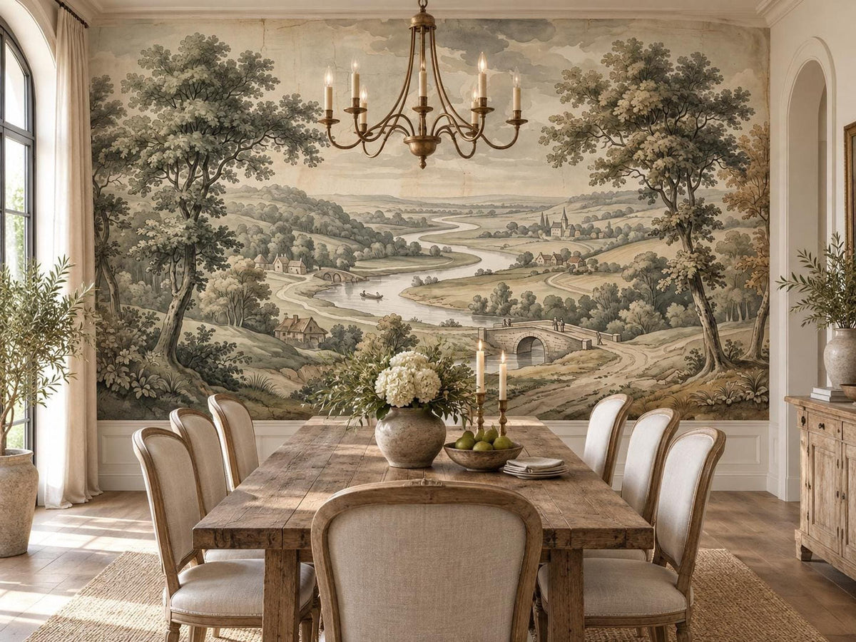 A dining room featuring a long wooden table and upholstered chairs against a wall covered in a vintage pastoral landscape wallpaper mural.