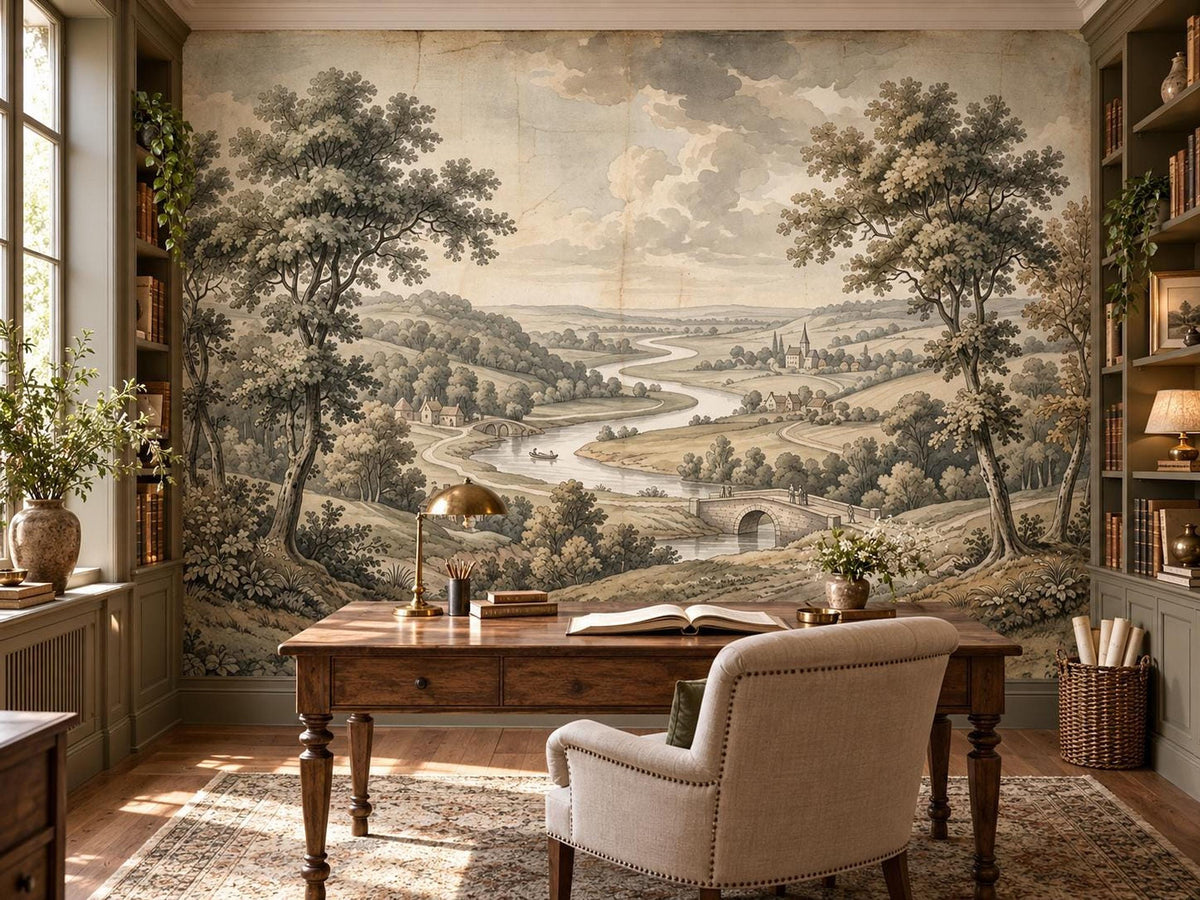 A home office with a wooden desk, an armchair, and built-in bookshelves backed by a detailed scenic countryside wall mural.
