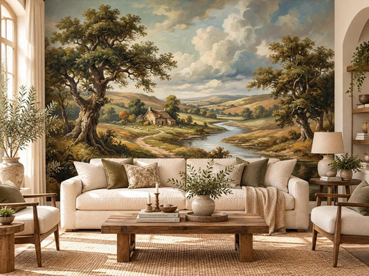 A large vintage landscape wall mural behind a white sofa with wooden furniture in a bright living room.