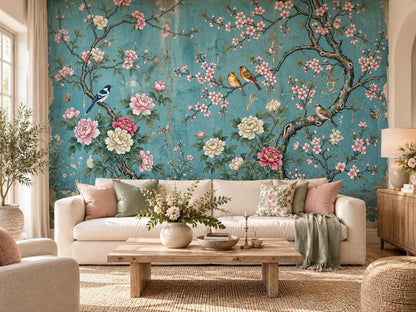 A living room features a teal chinoiserie floral and bird mural wallpaper behind a cream sofa with wooden accents and neutral decor.