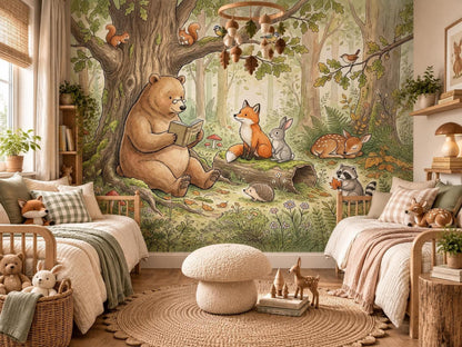 A twin bed setup in a child's bedroom showcasing a large watercolor wall mural of a friendly bear reading a book in a woodland forest scene.