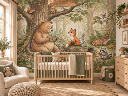 A nursery with a wooden crib positioned in front of a whimsical woodland watercolor wall mural depicting a large bear reading to smaller forest animals.