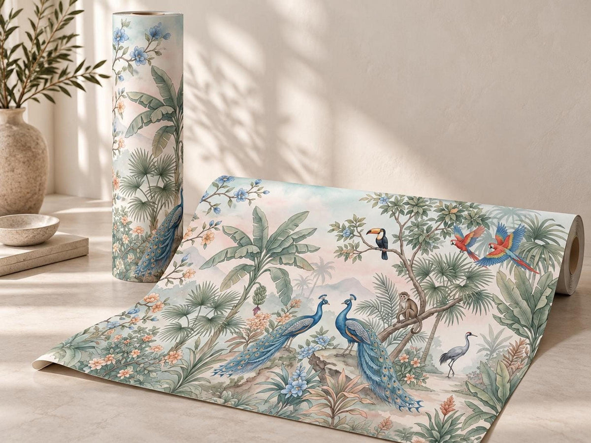 A roll of wallpaper and an unrolled section resting on a wooden surface, displaying a tropical jungle design with peacocks and parrots.