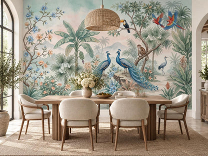 A dining room with a wooden table and upholstered chairs set against a detailed tropical jungle wallpaper mural depicting exotic birds and plants.