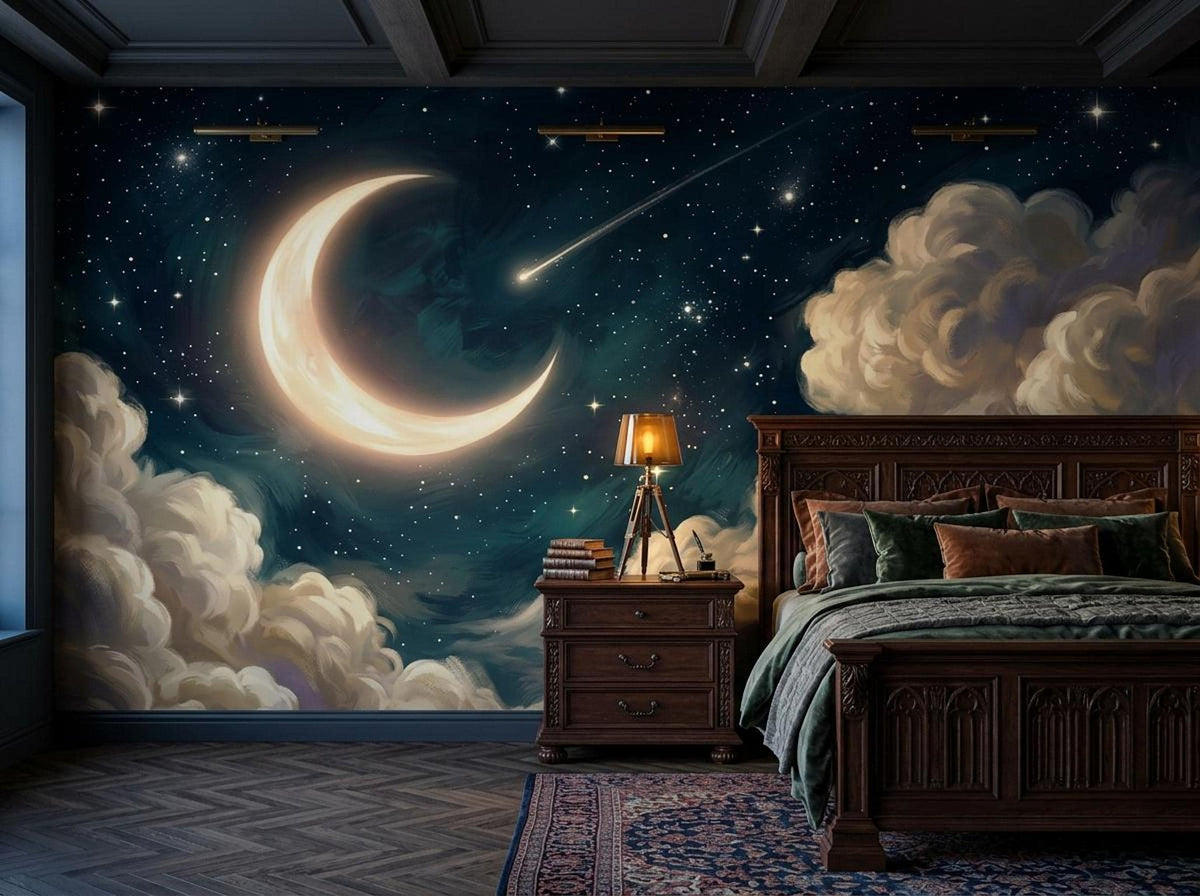 A large dark-themed bedroom with celestial moon and starry night sky wallpaper featuring clouds, a shooting star, and a wooden bed.