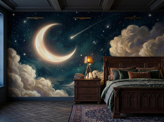 A large dark-themed bedroom with celestial moon and starry night sky wallpaper featuring clouds, a shooting star, and a wooden bed.
