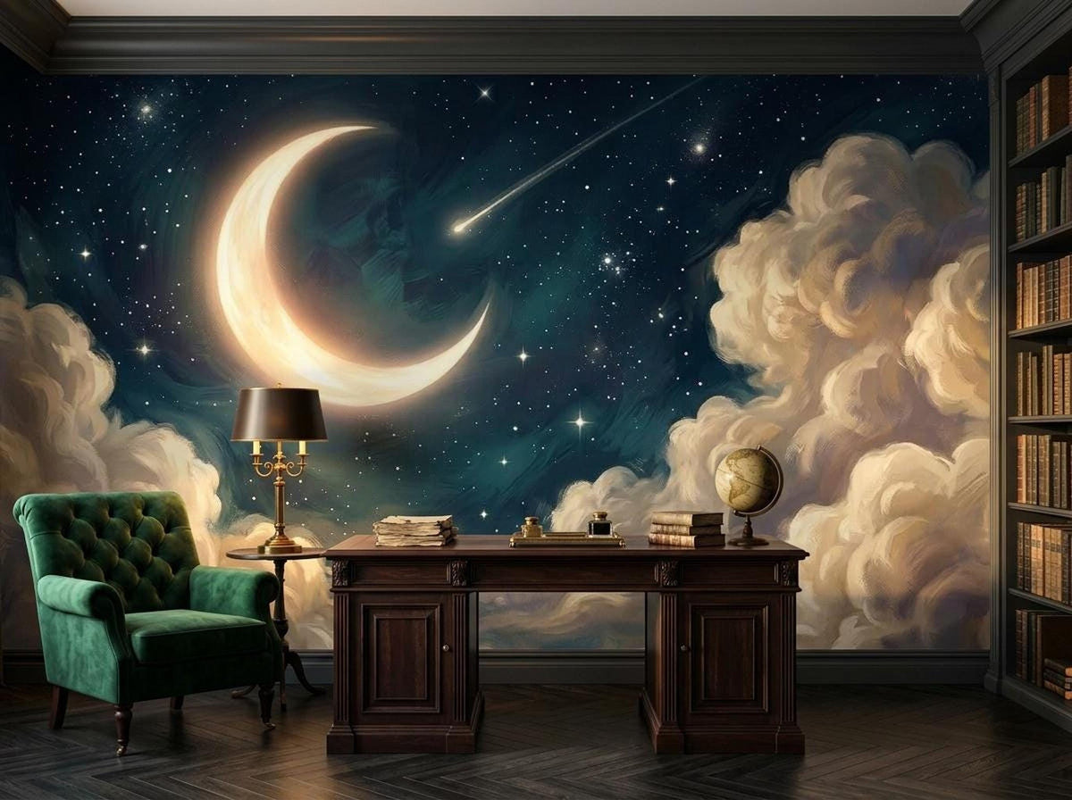 A home office featuring dark wooden furniture, a green armchair, and a wall mural of a glowing crescent moon and starry night sky with clouds.