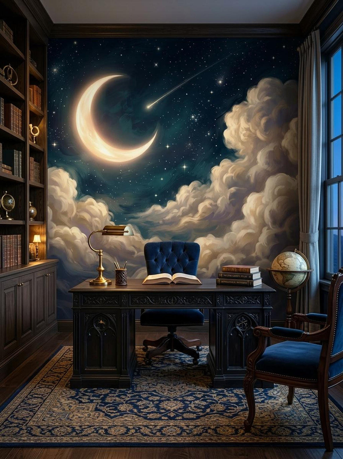A study room featuring a dark wood desk, armchairs, built-in bookshelves, and a wall mural of a luminous crescent moon and starry night sky.