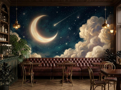 A moody dining room featuring leather booths, pendant lamps, and a detailed wall mural of a crescent moon, shooting star, and dark starry sky.