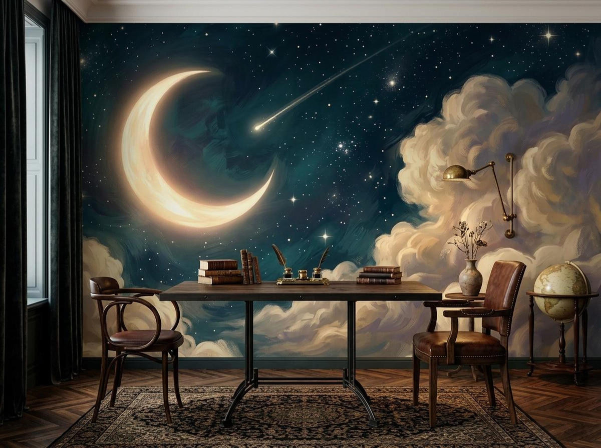 A spacious office space with a large wooden desk, a globe, books, and a dramatic wall mural of a glowing crescent moon and starry night.