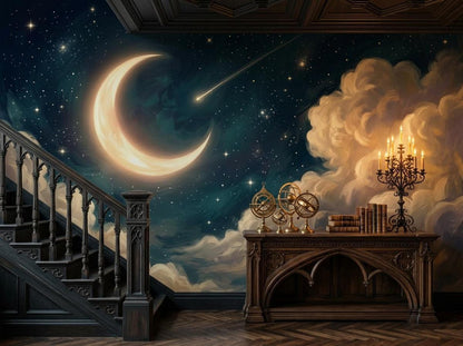 A hallway featuring dark wooden stairs and a gothic-style console table beneath a large wall mural of a glowing crescent moon and starry night sky.
