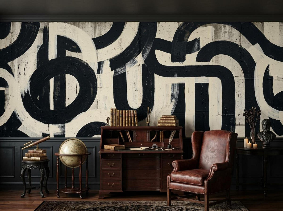 A home office setup with a wooden desk, a brown leather armchair, a globe, and the abstract black and white brushstroke wallpaper in the background.