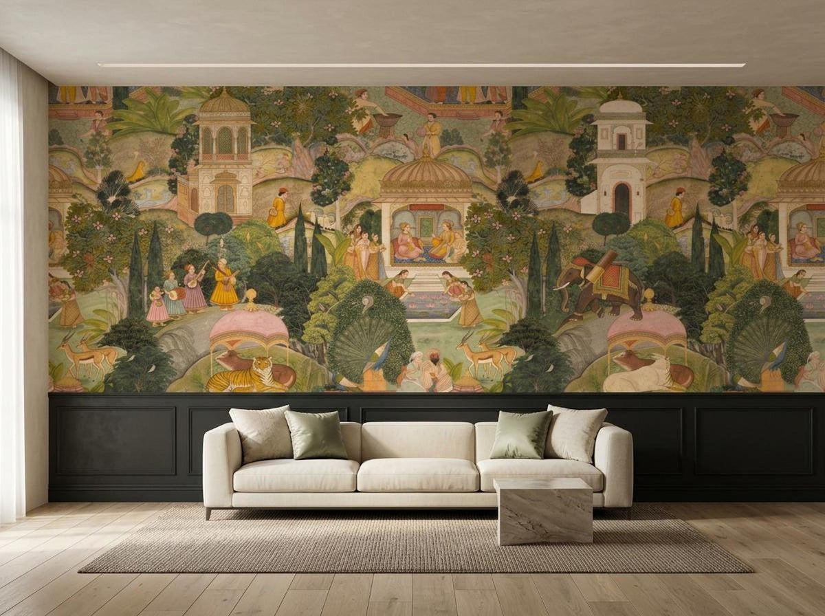 A contemporary white sofa with accent pillows is placed in front of a traditional Indian miniature painting mural wallpaper above dark wainscoting.