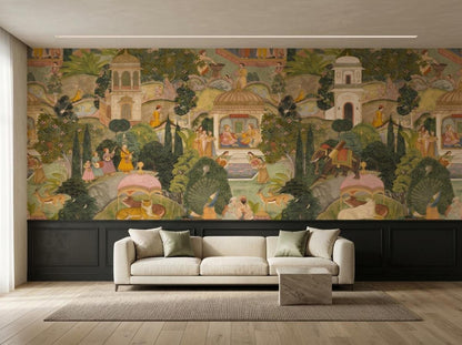 A contemporary white sofa with accent pillows is placed in front of a traditional Indian miniature painting mural wallpaper above dark wainscoting.