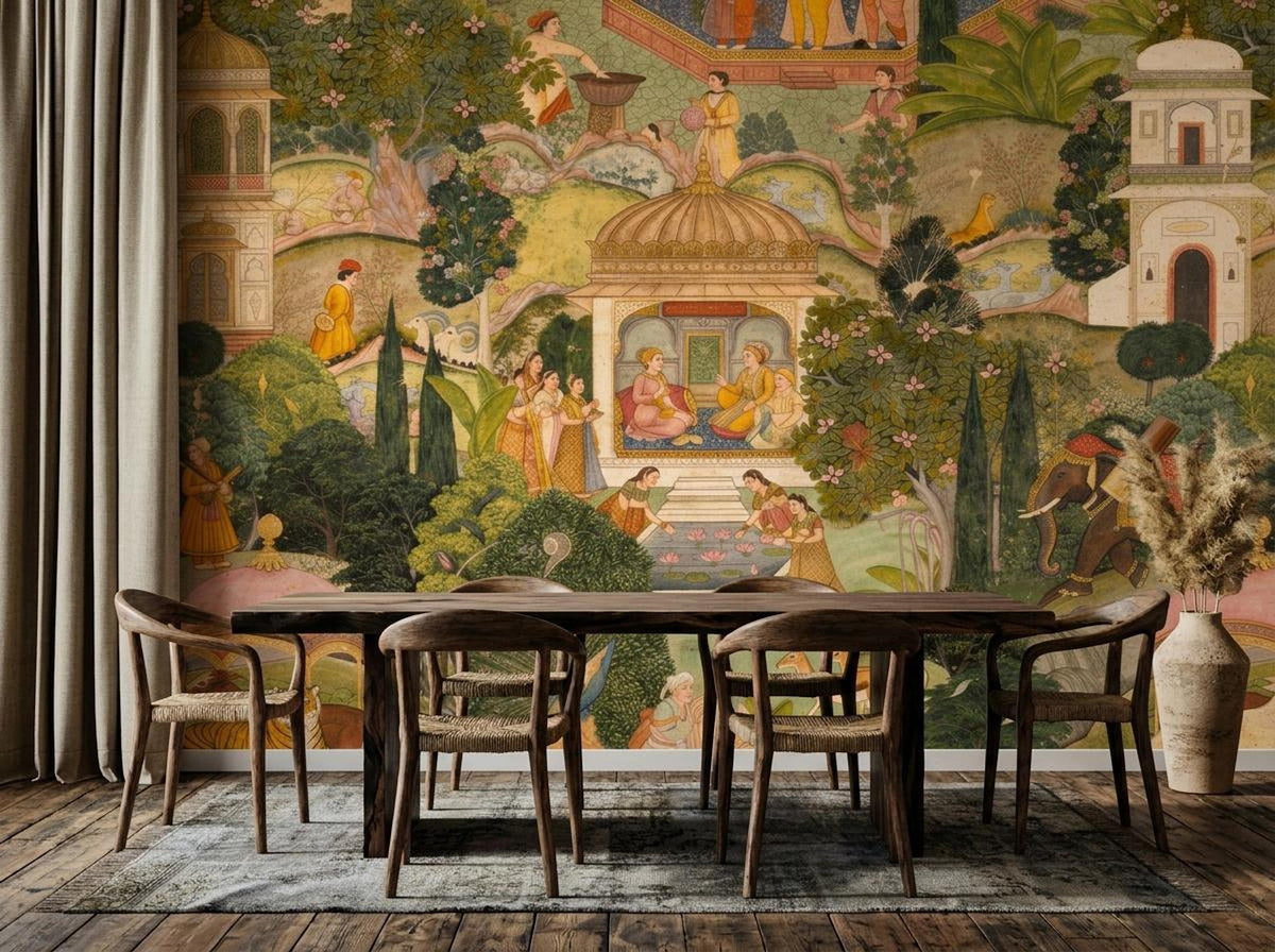 A dark wooden dining table and chairs are arranged in a room with a floor-to-ceiling Indian miniature painting mural wallpaper and neutral curtains.