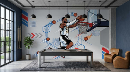 A comic-style basketball wall mural in a game room featuring a pool table, two brown armchairs, and a rug.