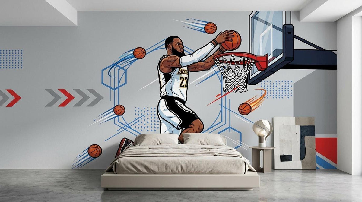 A comic-style basketball wall mural behind a beige upholstered bed in a neutral-toned bedroom.