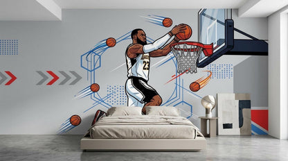 A comic-style basketball wall mural behind a beige upholstered bed in a neutral-toned bedroom.