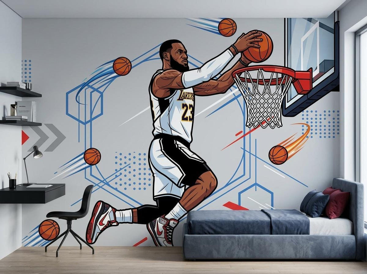 A comic-style basketball wall mural in a child's bedroom with a blue bed, a desk, and a wall shelf.