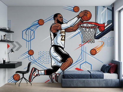A comic-style basketball wall mural in a child's bedroom with a blue bed, a desk, and a wall shelf.
