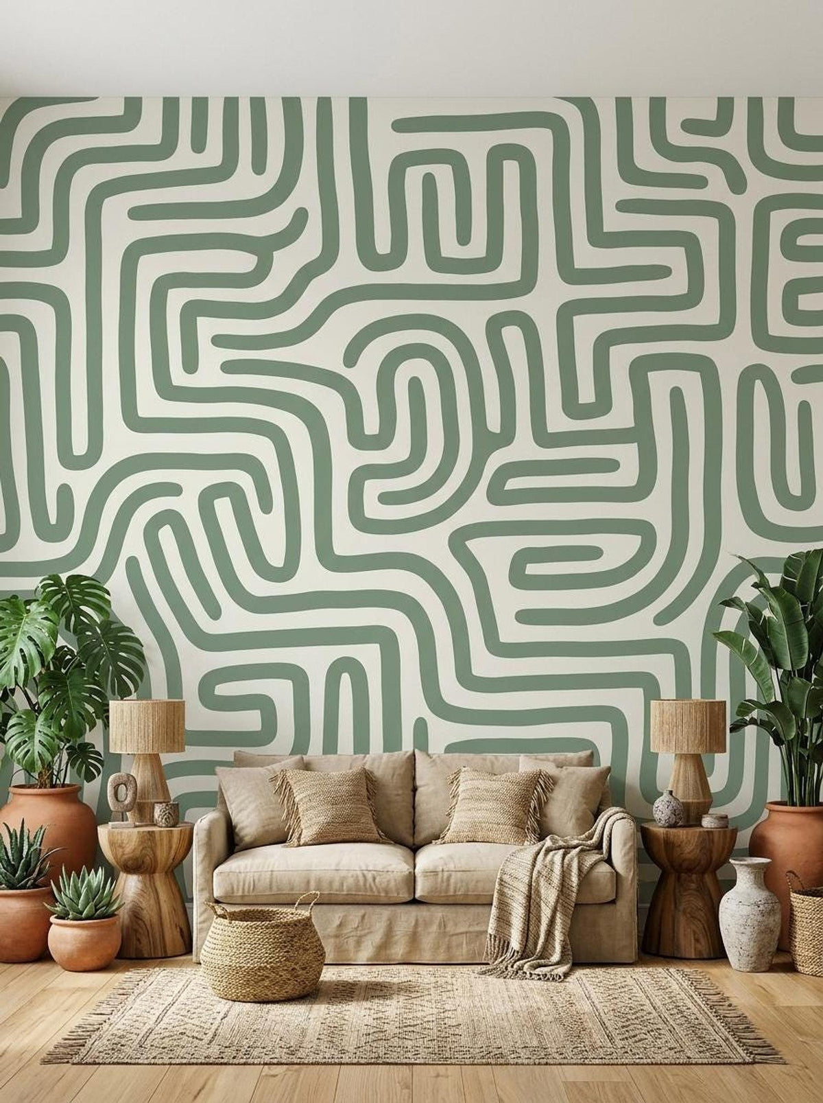 A living room wall covered in sage green abstract maze wallpaper featuring rounded geometric lines, positioned behind a beige sofa and wooden end tables.