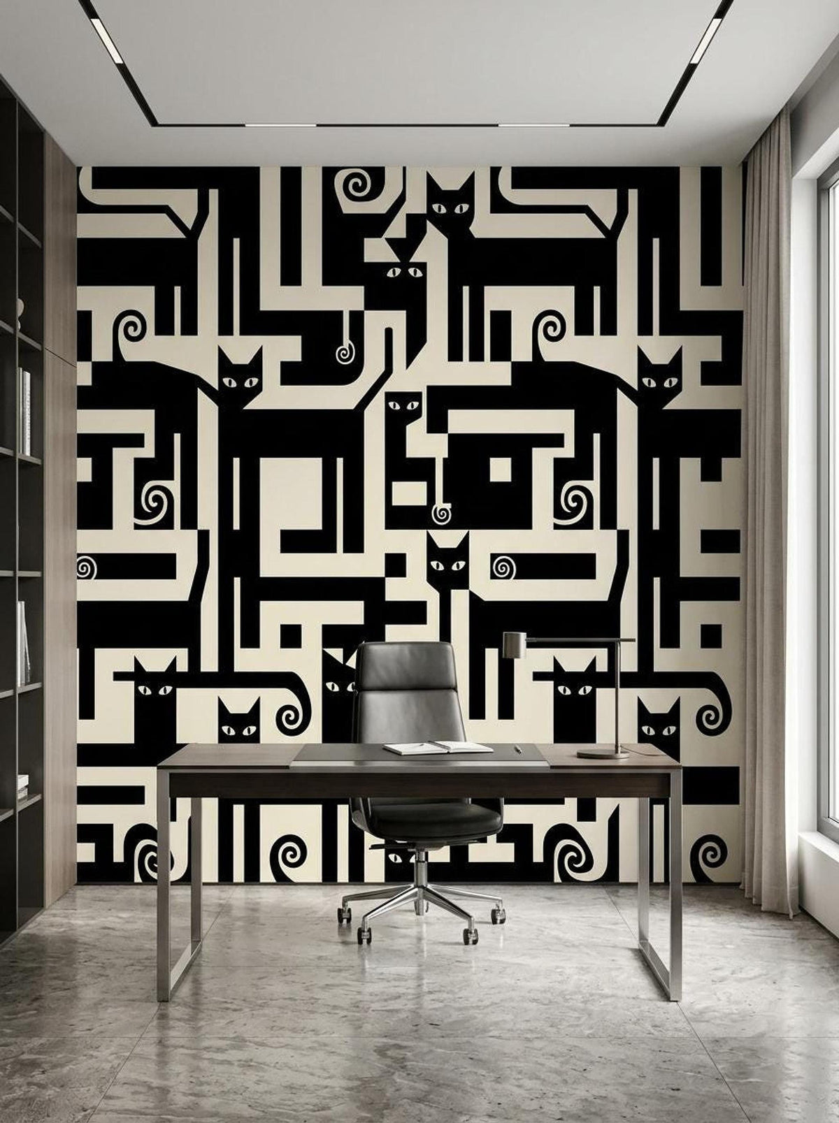 A home office setting features a modern desk and chair positioned in front of a wall with black and cream geometric cat pattern wallpaper.