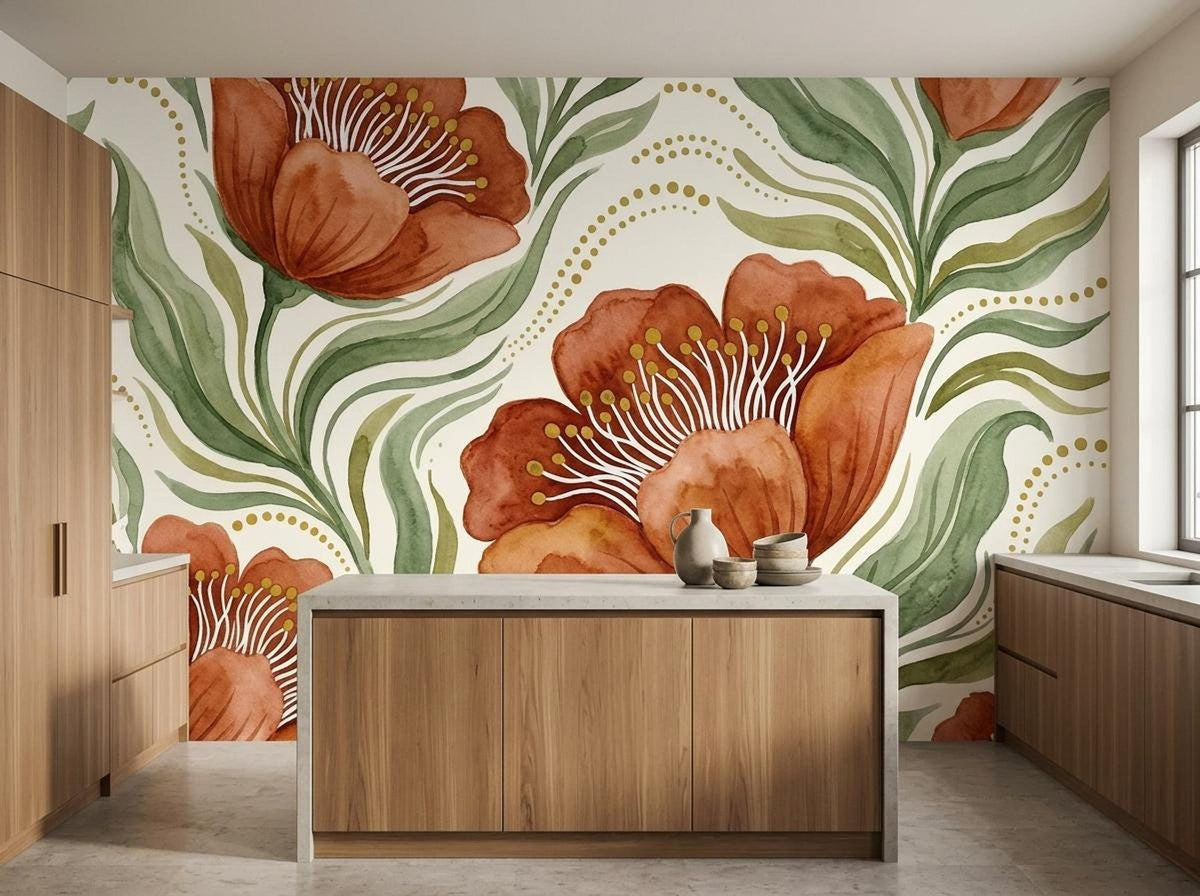 Botanical watercolor mural featuring terracotta flowers and green leaves, displayed on a kitchen wall behind a wooden kitchen island.