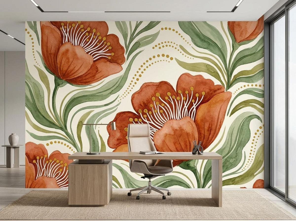 Art nouveau floral wallpaper mural with terracotta poppies and wavy green leaves, positioned in an office with a wooden desk and chair.