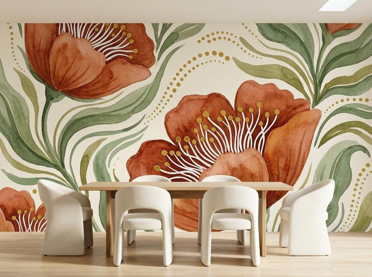 Watercolor floral wallpaper with orange blossoms and green foliage, shown behind a dining table with four white chairs.