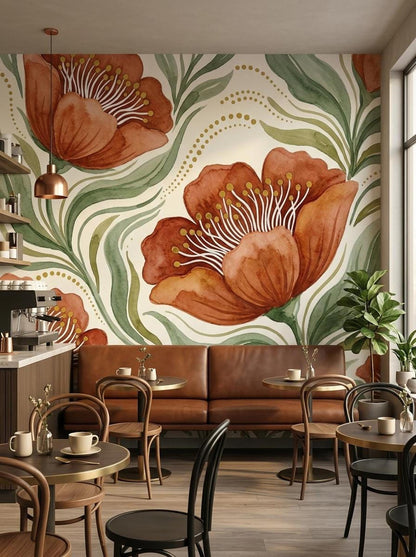 Botanical floral wall mural featuring watercolor terracotta flowers and sage green leaves inside a café with leather booths and small tables.