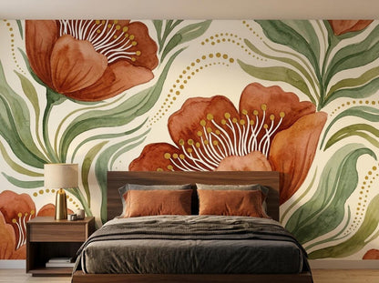 Earthy floral watercolor wall mural with large rust-orange flowers and green leaves behind a bed with dark bedding and terracotta pillows.