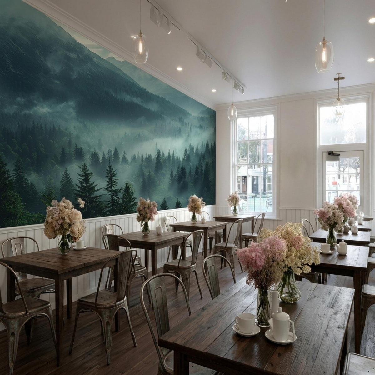 A bright cafe interior has wooden tables decorated with flower vases, placed next to a wall mural of misty mountains and pine trees.