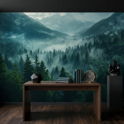 A wooden console table displays stacked books, a clock, and a geometric decor piece against a foggy pine forest wall mural.