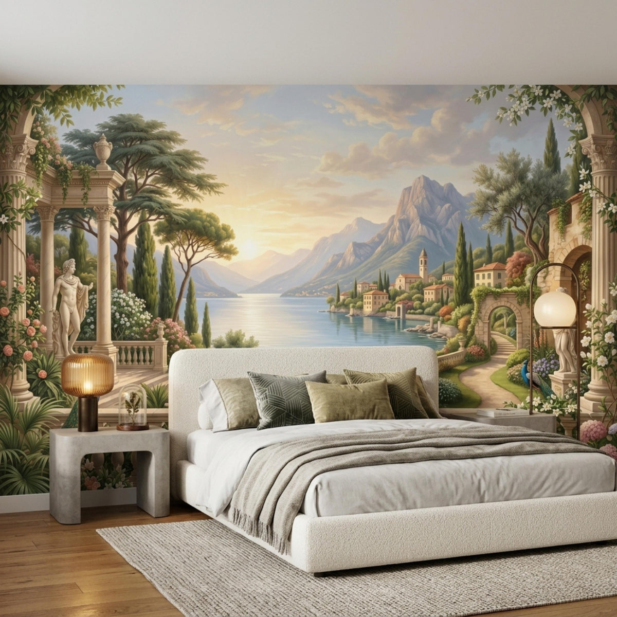 A bedroom features an Italian landscape mural wall covering behind a bed with neutral linens.