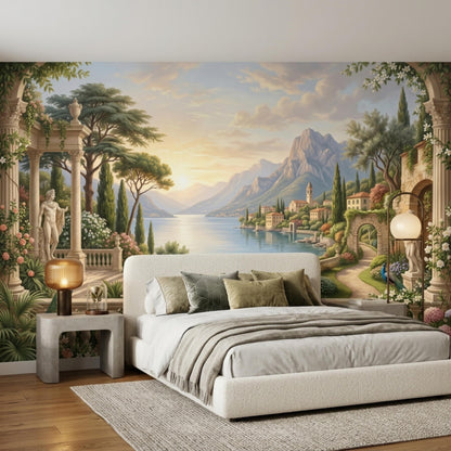 A bedroom features an Italian landscape mural wall covering behind a bed with neutral linens.