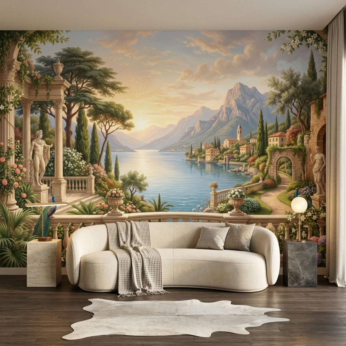 A living room features a white curved sofa positioned in front of an Italian landscape mural wall covering.