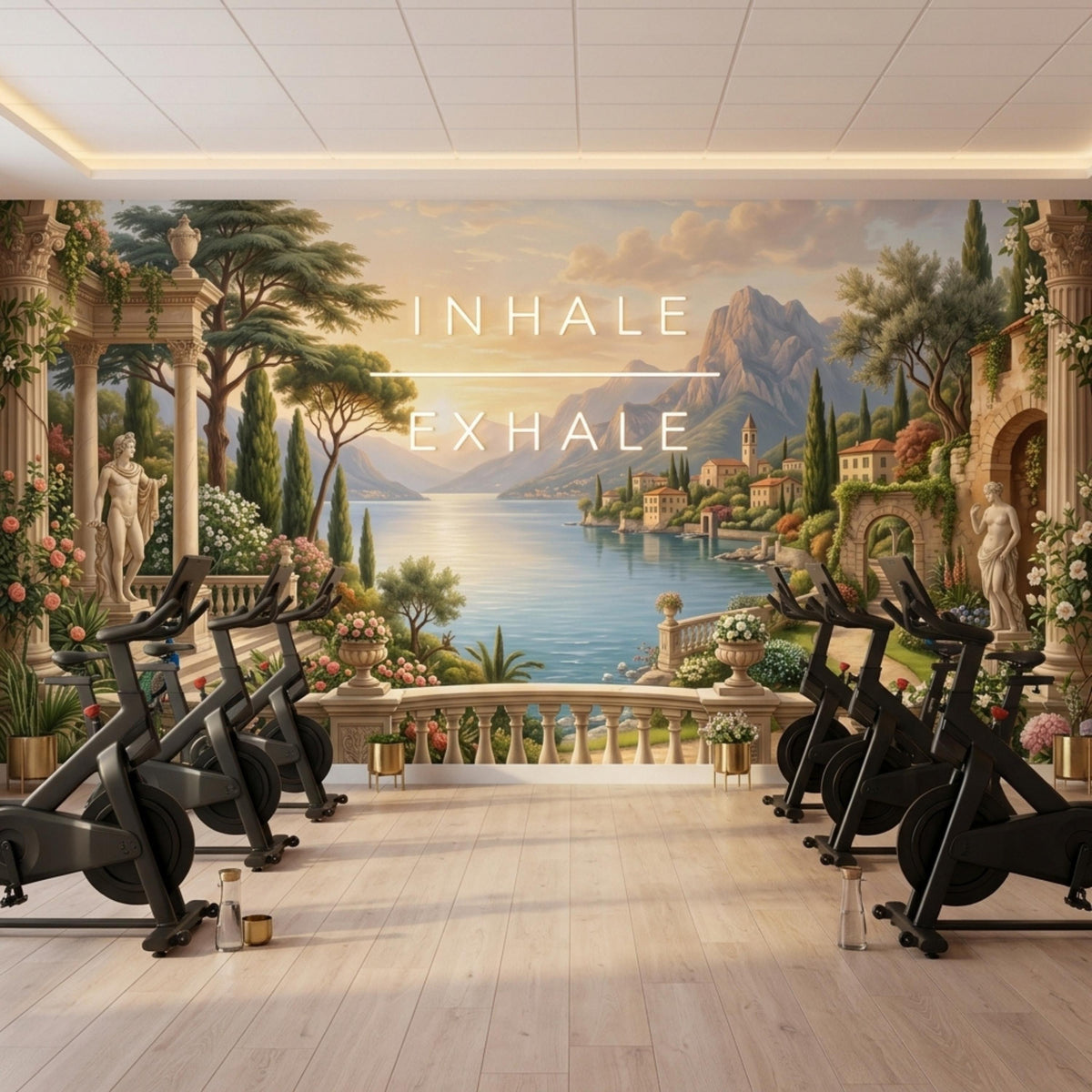 A gym features exercise bikes arranged in front of an Italian landscape mural with overlaid text.