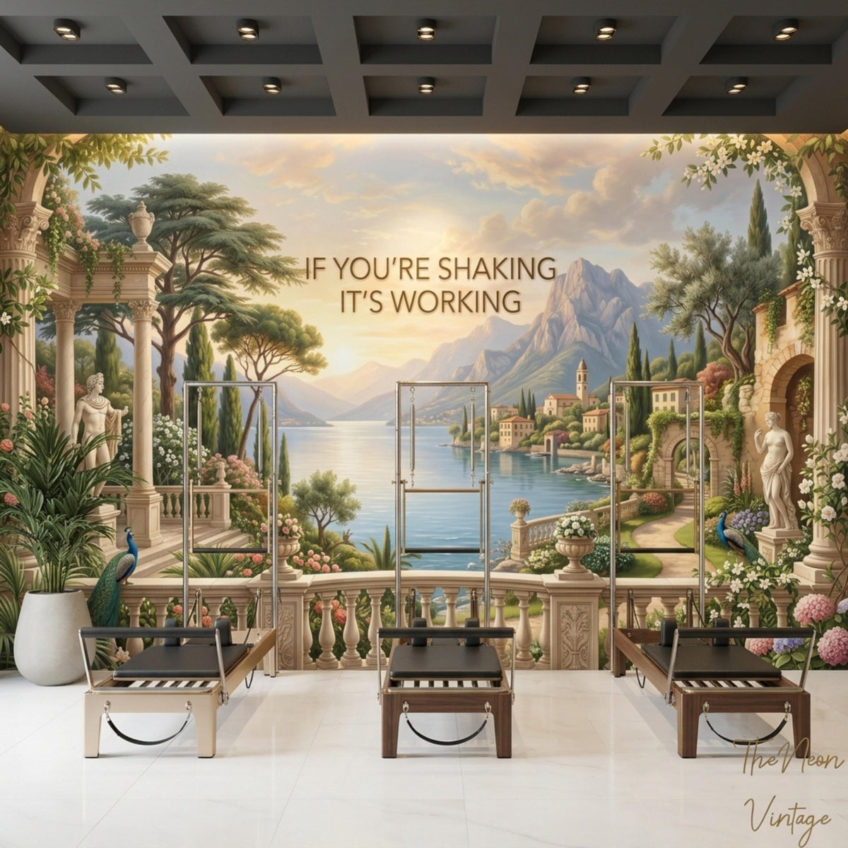 A fitness studio features three pilates reformers lined up in front of an Italian landscape mural wall covering with text.