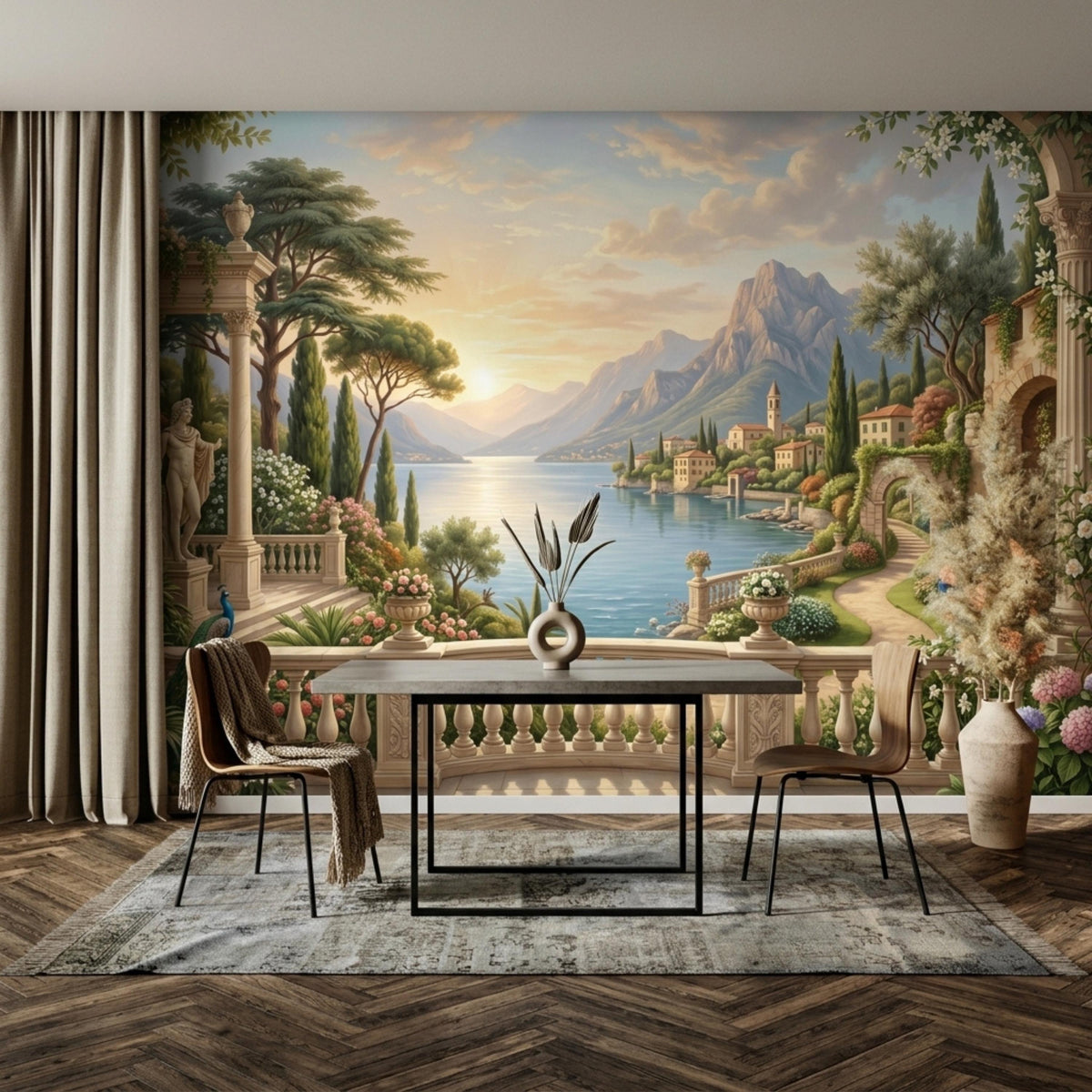 A dining space features a dark table and two chairs on a patterned rug in front of an Italian landscape mural wall covering.