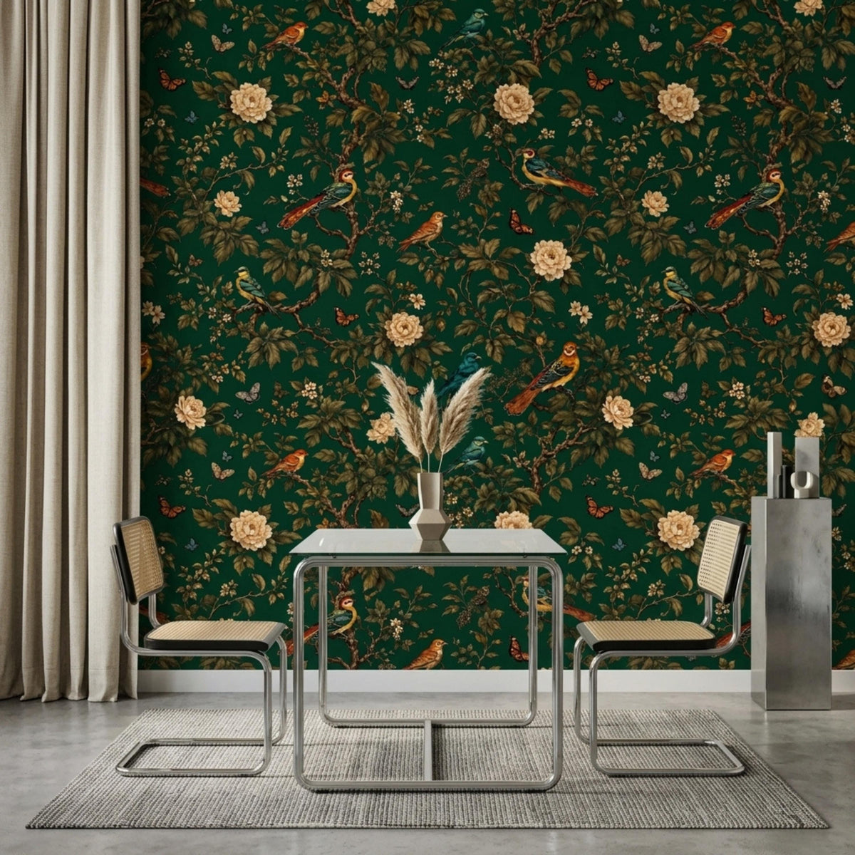 A dining space displays emerald green bird and flower wallpaper, a modern glass-top table with two rattan chairs, and a white curtain.