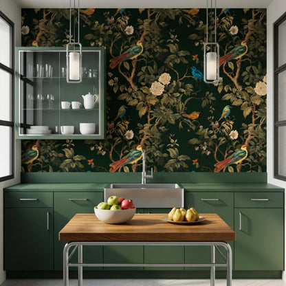 A green kitchen features dark floral and bird wallpaper, green cabinets, stainless steel sink, a wooden kitchen island with fruit, and two pendant lights.