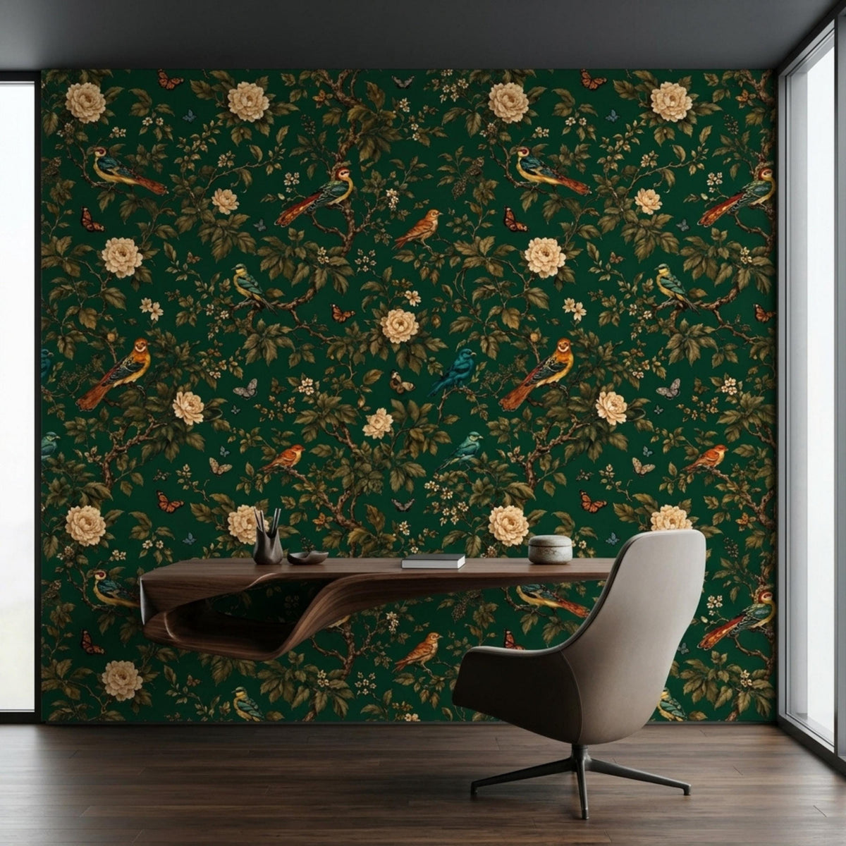 An office setup includes dark green chinoiserie wallpaper, a sleek modern wooden desk, and a tan upholstered swivel chair against a white window frame.