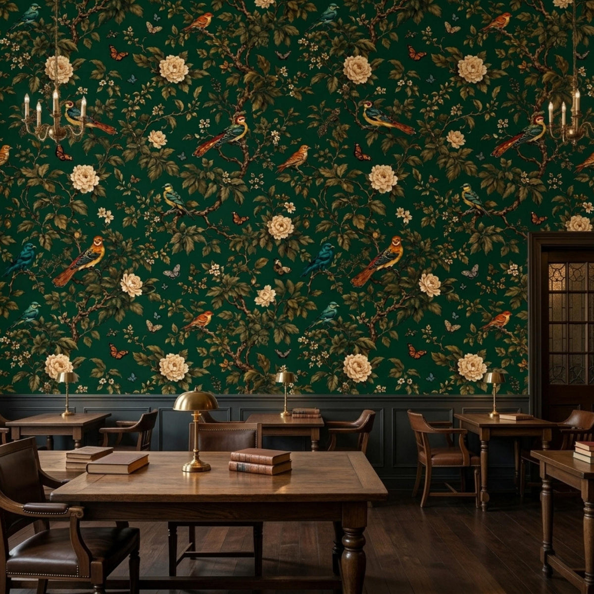 A commercial or study space features dark green floral wallpaper, several wooden tables and chairs, and a door on the right.